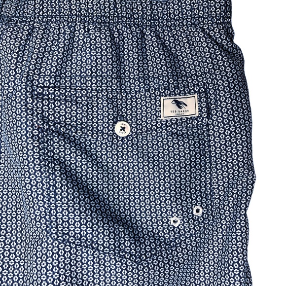 Ted Baker London Swim Trunks Shorts Mesh Lined Navy Blue White Patterns XXL - Picture 10 of 12